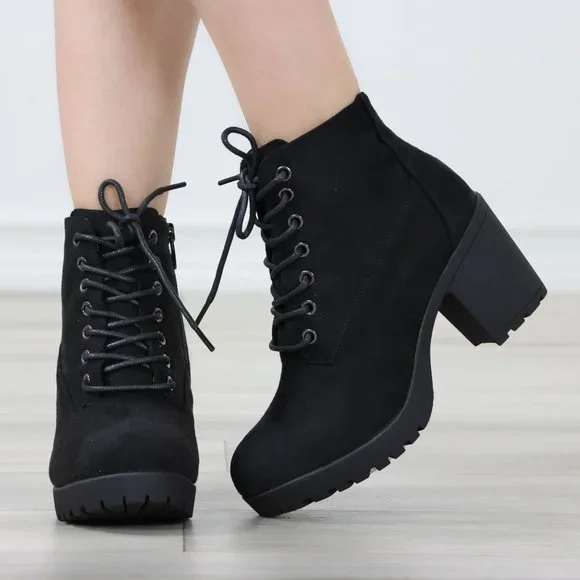 Black Suede Ankle Chunky Block Lug High Heel Boots Lace-Up - Picture 12 of 13